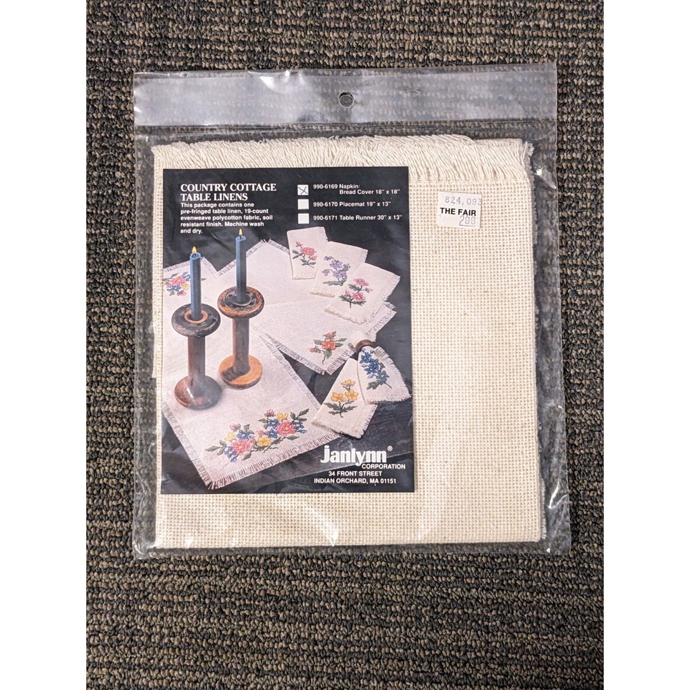Vtg Janlynn Bread Cover Napkin Cross Stitch Fabric 18" Ivory Fringed Table Linen